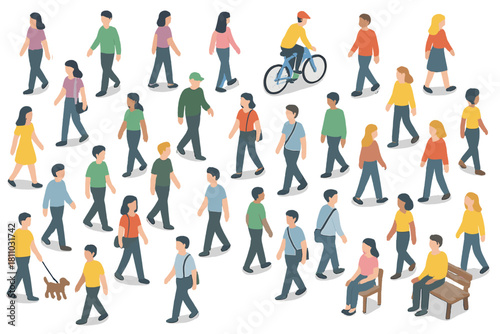Isometric view of diverse pedestrians and cyclists moving through a modern city environment