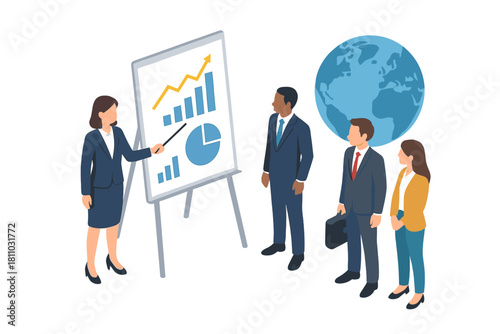 Business team analyzing global growth chart presentation in isometric view