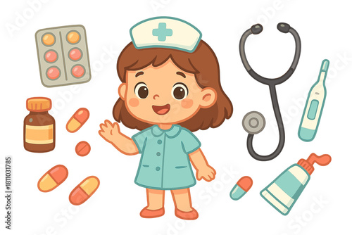 Charming nurse character with essential medical supplies and medication icons