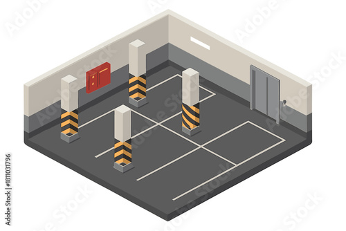Isometric view of underground parking garage section with structural columns