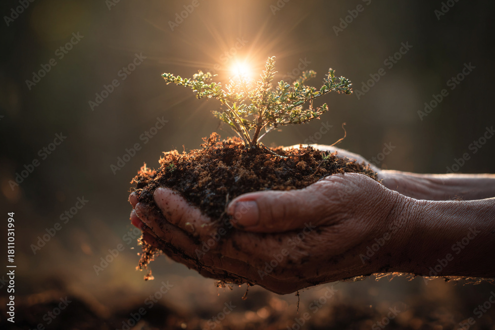 Fototapeta premium Hopeful hands holding a small plant sapling bathed in warm sunlight, symbolizing growth, environmental sustainability, and a positive future for our planet