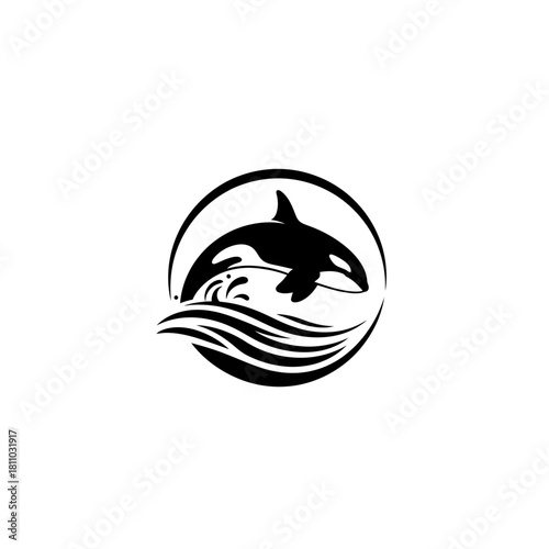 Sleek Orca Logo Leaping from Ocean Waves: Freedom and Power