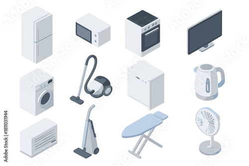 Isometric icons of white household appliances and modern electronics devices