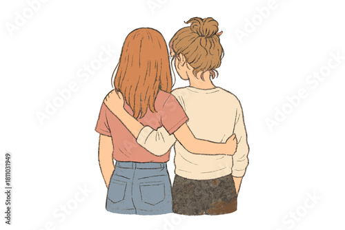 Two young women standing back view with arms around each other
