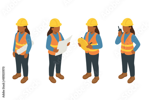 Isometric female construction worker with safety gear and various tools