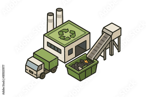 Isometric recycling plant facility with delivery truck and conveyor belt