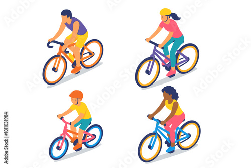 Diverse group of people riding bicycles outdoors for recreation and healthy activity in isometric style