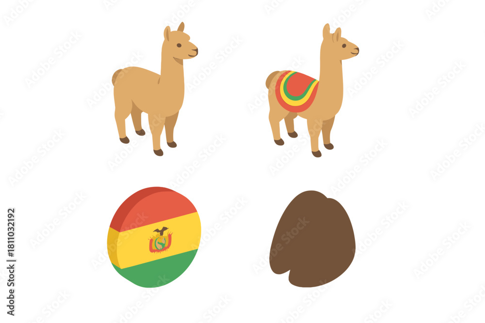 Naklejka premium Set of isometric icons featuring llama and alpaca animals with Bolivian flag emblem and hoof print symbol