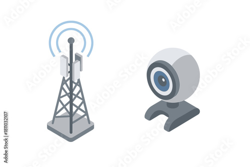 Isometric communication tower and webcam icons for data transmission concept