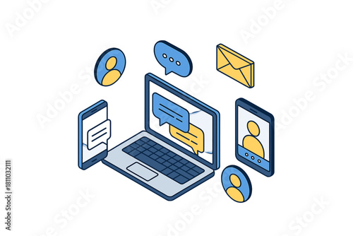 Isometric digital communication and messaging icons featuring laptop and mobile devices