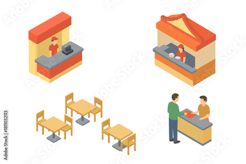 Isometric food stall service area and outdoor seating elements collection