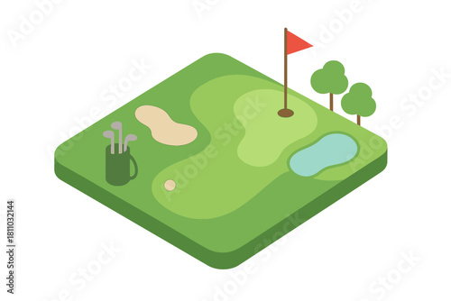 Isometric view of golf course putting green with flag and equipment