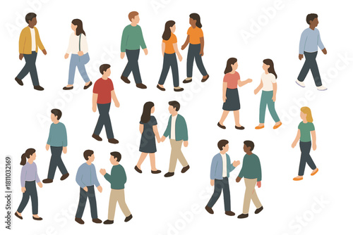 Diverse group of people walking and interacting in isometric perspective
