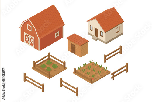Isometric farm elements set featuring barn house garden and storage shed