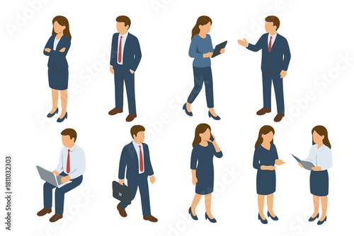 Isometric business professionals performing various work activities and poses