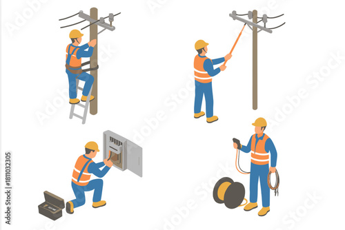 Electrician workers performing maintenance and installation tasks in isometric view