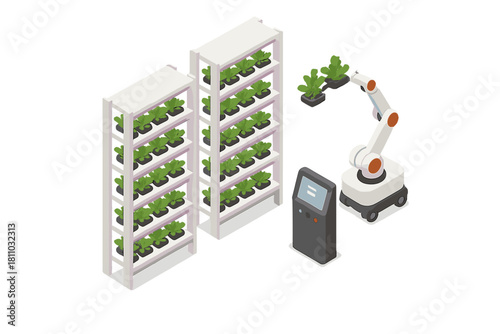 Automated vertical farm system with robotic arm and control panel