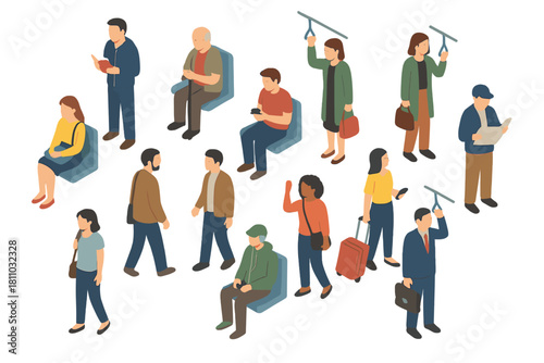 Isometric diverse group of people commuting and traveling inside public transport