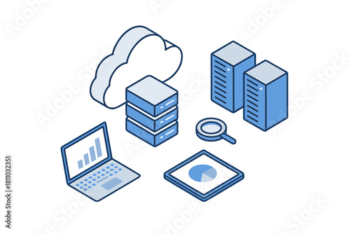 Isometric view of cloud computing data analysis and server infrastructure concept