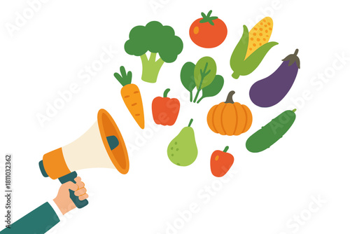 Hand holding megaphone announcing fresh produce and healthy food items