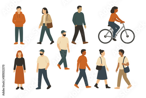 Diverse group of people walking and cycling in casual modern clothing