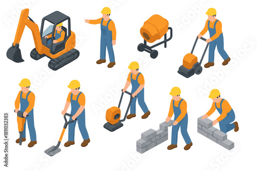 Isometric construction workers performing various tasks with heavy machinery and tools