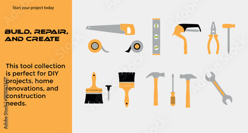Business design concept vector illustration set of construction tools and office equipment icons