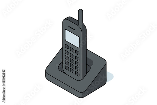 Isometric cordless telephone handset resting in charging base