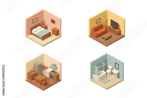 Isometric low poly apartment rooms set featuring bedroom living kitchen and bathroom