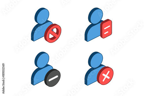 Isometric user icons with prohibition and removal symbols