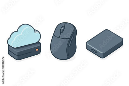 Cloud storage, wireless mouse, and external hard drive devices in isometric view