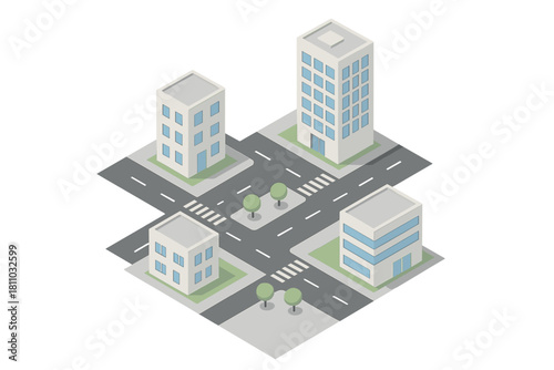 Isometric city intersection with modern buildings and pedestrian crosswalks