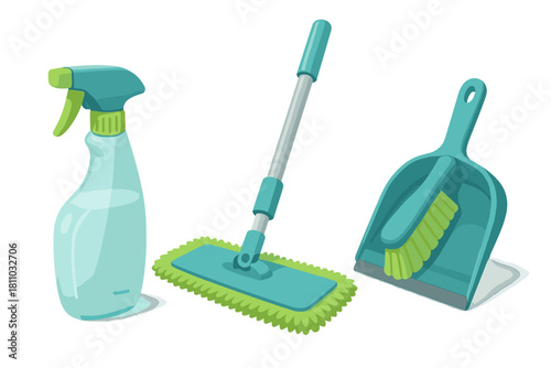 Set of essential household cleaning tools including spray bottle, mop, dustpan, and brush for hygiene