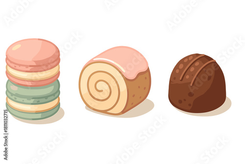 Stack of colorful French macarons, pink glazed sponge cake roll, and dark chocolate bonbon
