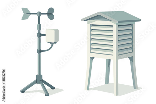 Essential meteorological instruments including anemometer and traditional weather shelter box
