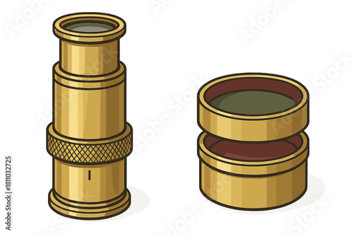 Detailed isometric rendering of an antique brass spyglass and its separate protective cap