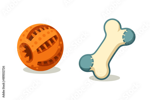 Set of dog toys including an orange rubber ball and a plush bone