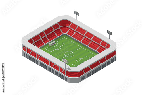 Isometric view of modern soccer stadium with green field and red seating