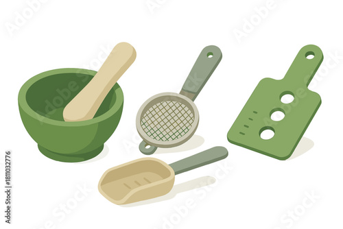 Isometric set of essential kitchen tools featuring a mortar and pestle, strainer, scoop, and serving board