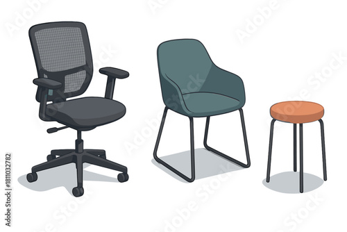 Three different seating options: ergonomic chair, modern armchair, and simple stool