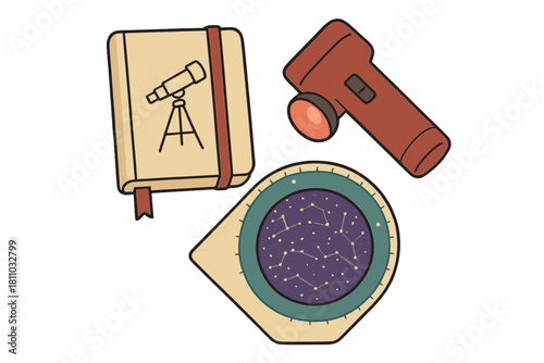 Astronomy tools set including notebook, flashlight, and star map viewer