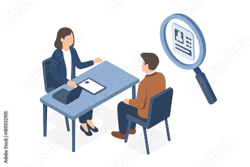 Isometric view of professional job interview and candidate resume evaluation
