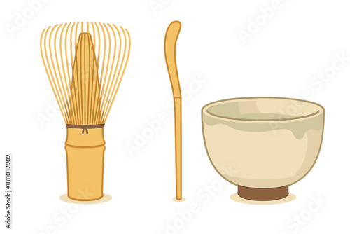 Traditional Japanese matcha tea ceremony utensils bamboo whisk scoop and ceramic bowl set