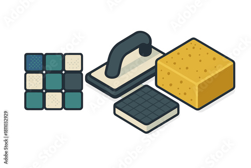 Isometric set of construction tools for tile installation and finishing grout work