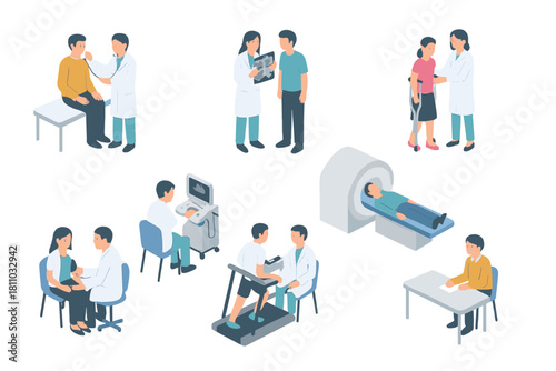 Isometric medical examination and diagnostic procedures set with professionals and patients