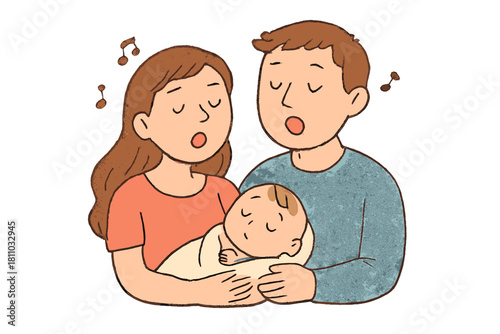 Loving parents singing a gentle lullaby to their newborn baby in arms