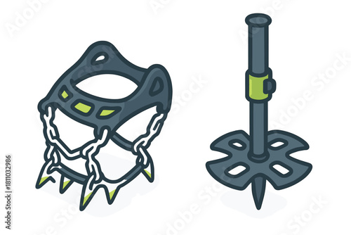 Essential winter sports equipment set with crampons and adjustable hiking pole