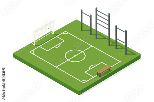 Isometric outdoor sports area with soccer field and fitness bars