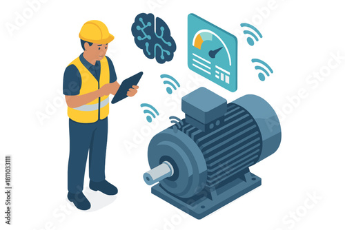 Industrial maintenance worker monitors electric motor performance using digital diagnostic tablet