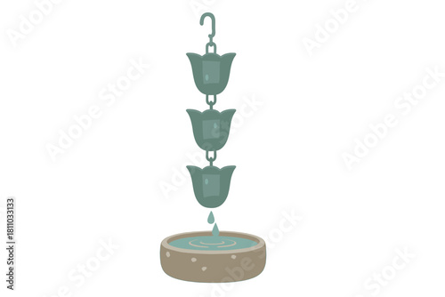 Decorative tulip rain chain guiding rainwater into a textured stone basin
